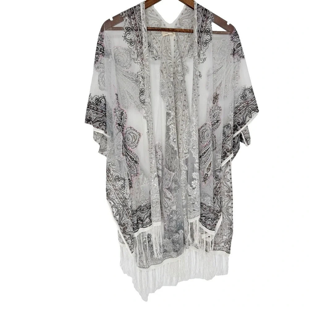 Pretty Persuasions‎ Sheer Paisley Boho Open Front Wrap Kimono One Size festival